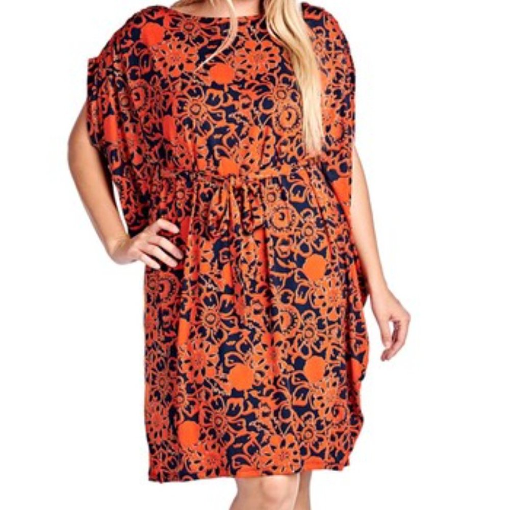 Orange Floral Cap Sleeve Dress- 4X